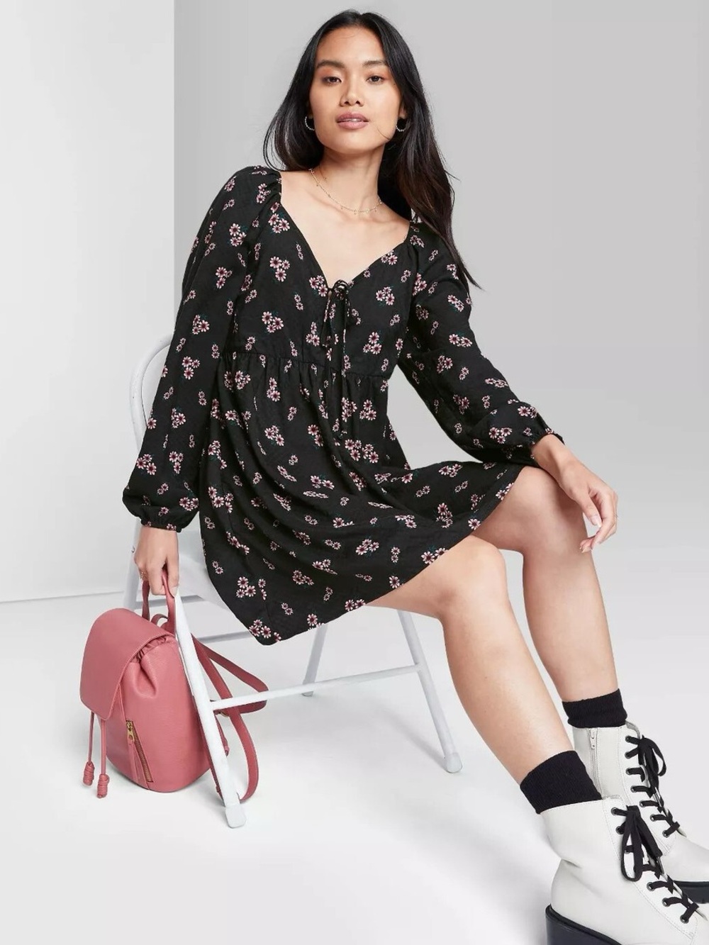Y2K Black Floral Babydoll Mini Dress Tie Front Long Sleeve Cottagecore